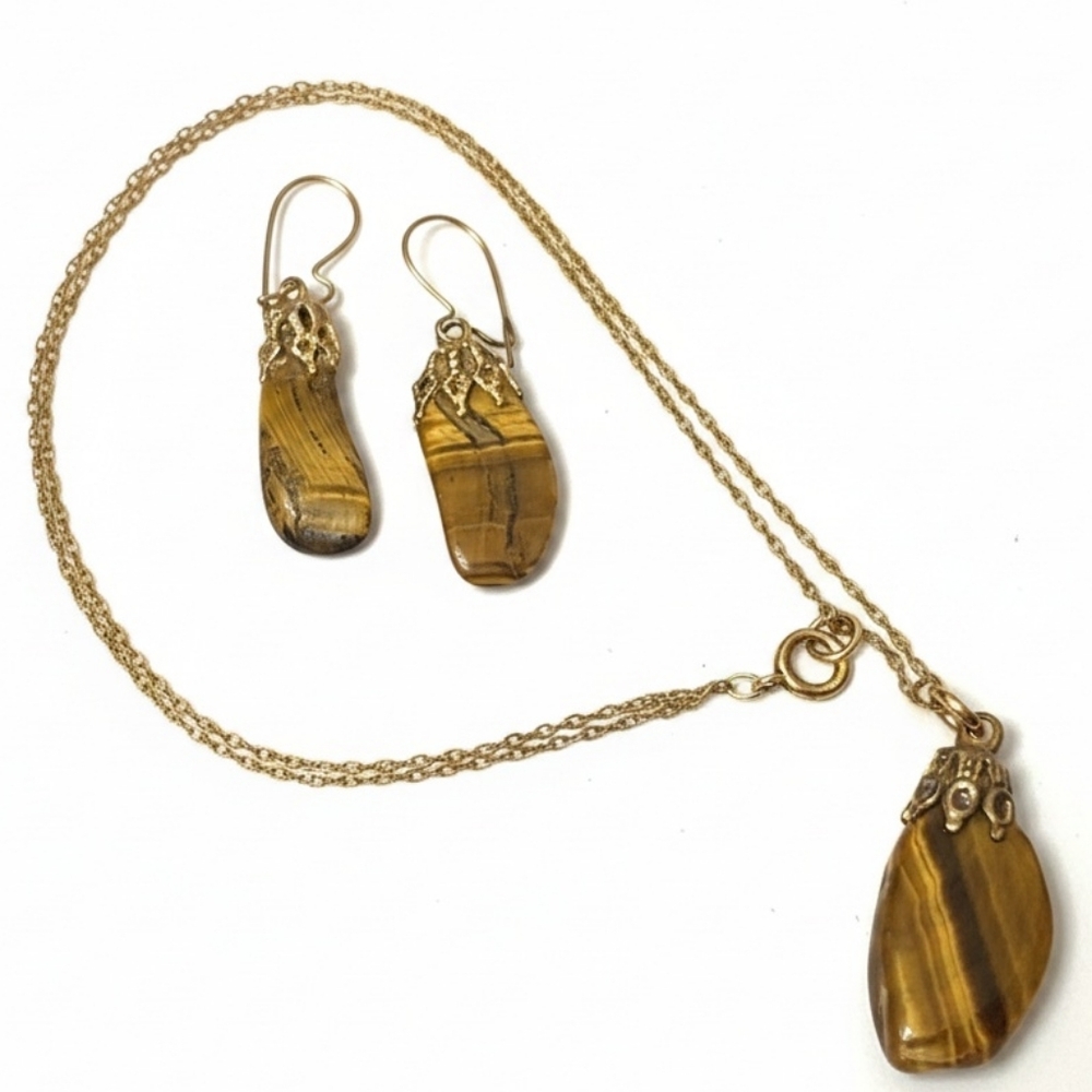 Vtg 70s Tiger Agate Gold Filled boho Necklace and Earrings Jewery Set NWOT
